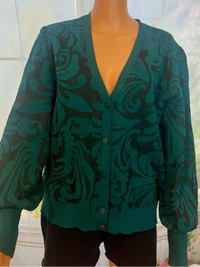 Chico's Teal and Black Jacquard V-Neck Cardigan